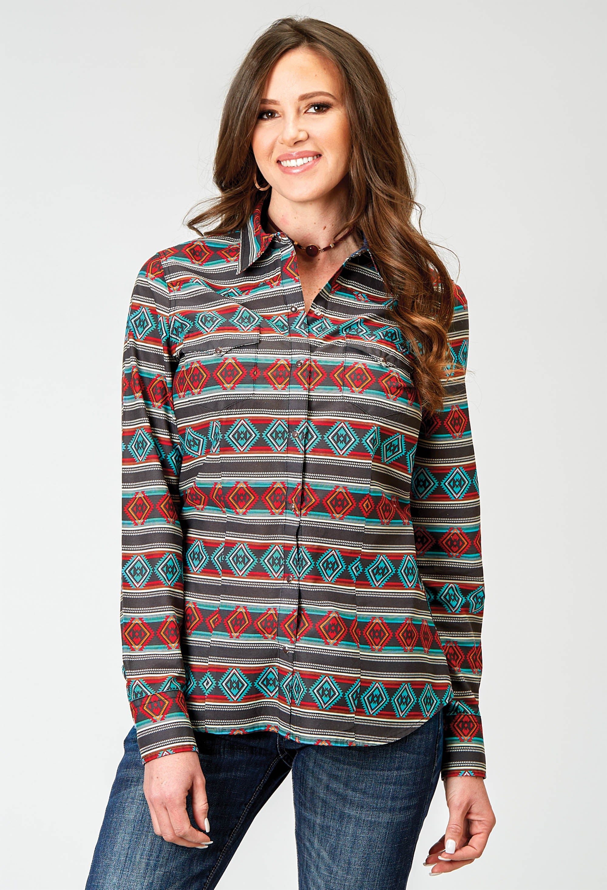 Roper Womens Long Sleeve Snap Aztec Stripe Print Western Shirt