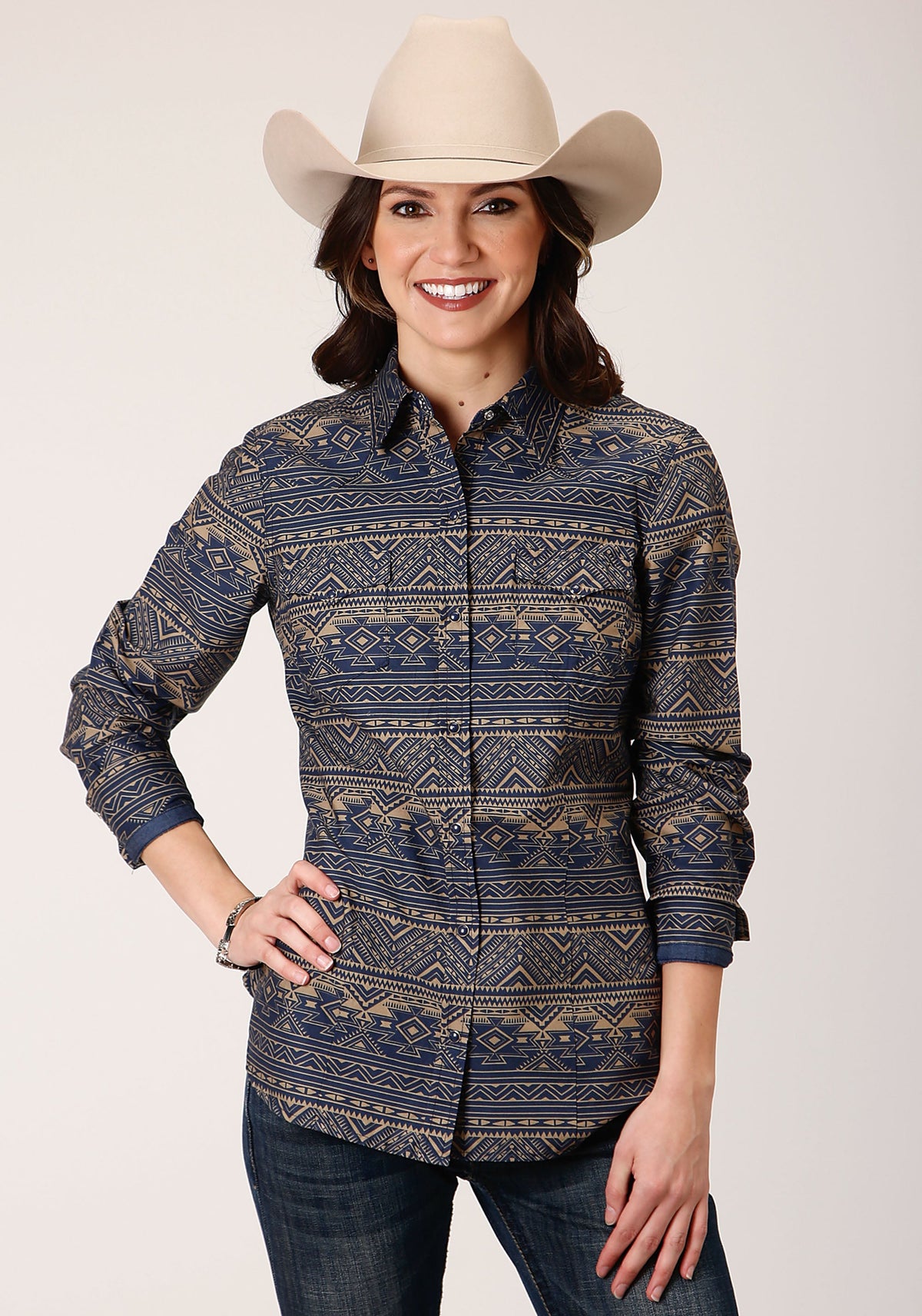 Roper Womens Long Sleeve Snap Navy Horizontal Aztec Stripe Western Shirt