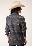 Roper Womens Long Sleeve Snap Navy Horizontal Aztec Stripe Western Shirt