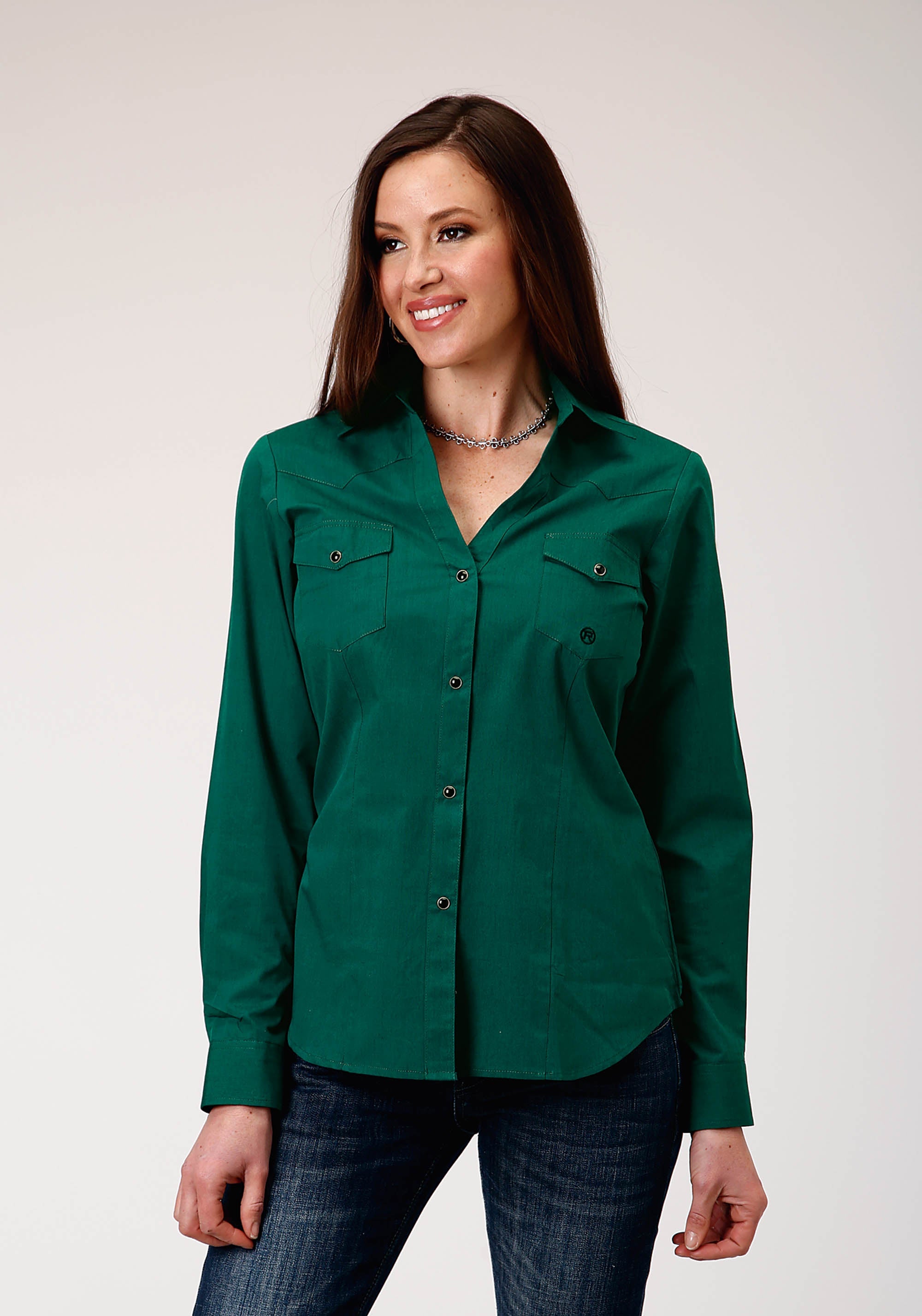 Roper Womens Long Sleeve Snap Black Fill Solid Green Western Shirt