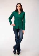 Roper Womens Long Sleeve Snap Black Fill Solid Green Western Shirt