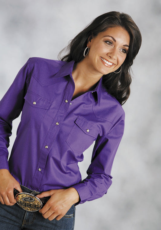 Roper Womens Purple Solid Long Sleeve Western Snap Shirt