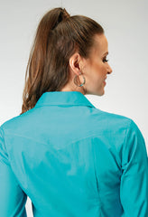 Roper Womens Long Sleeve Snap Solid Poplin Stretch Turquoise Western Shirt