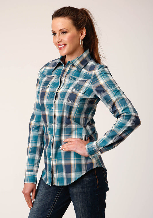 Roper Womens Long Sleeve Snap Blueberry Plaid Western Shirt