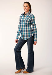 Roper Womens Long Sleeve Snap Blueberry Plaid Western Shirt