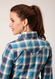 Roper Womens Long Sleeve Snap Blueberry Plaid Western Shirt