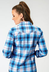 Roper Womens Long Sleeve Button Stretch Poplin Blue Plaid Western Shirt