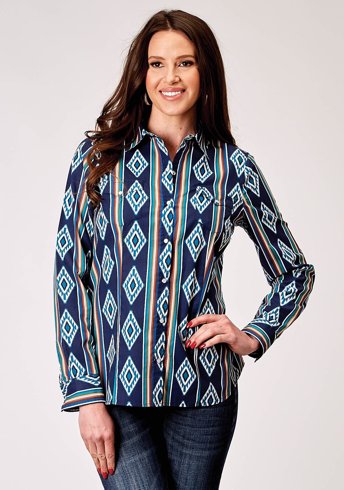 Roper Womens Long Sleeve Snap Serape Stripe Print Western Shirt