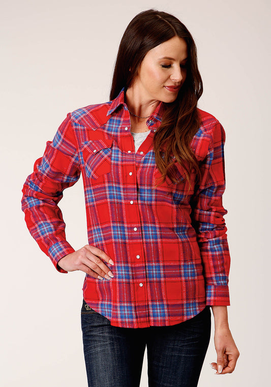 Roper Womens Long Sleeve Snap Coral Blue White Plaid Unlined Flannel Shirt Western Shirt