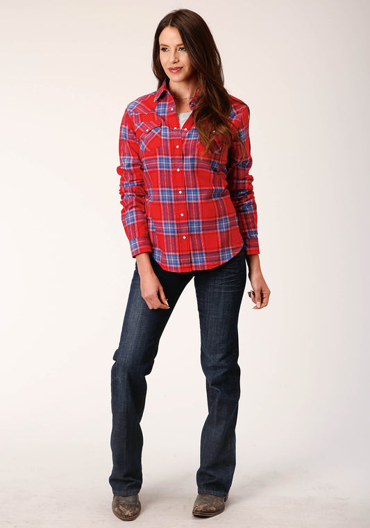 Roper Womens Long Sleeve Snap Coral Blue White Plaid Unlined Flannel Shirt Western Shirt - Roper