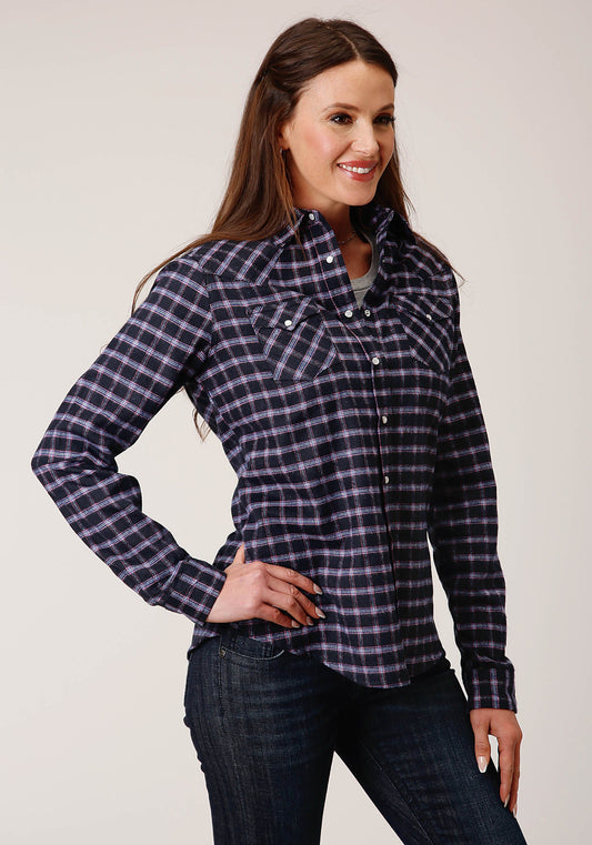 Roper Womens Long Sleeve Snap Navy Pink White Plaid Unlined Flannel Shirt Western Shirt - Roper