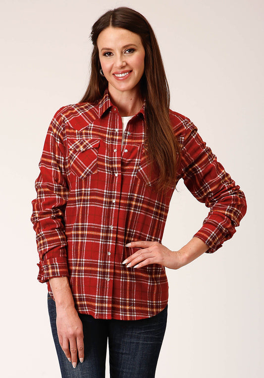 Roper Womens Long Sleeve Snap Rust Wine Gold Plaid Unlined Flannel Shirt Western Shirt - Roper