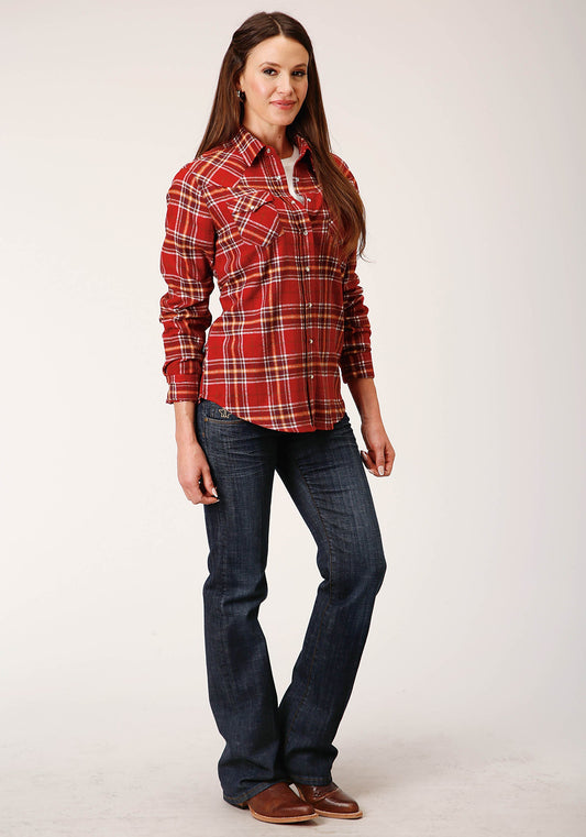 Roper Womens Long Sleeve Snap Rust Wine Gold Plaid Unlined Flannel Shirt Western Shirt - Roper