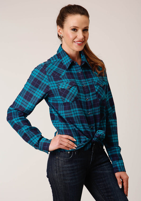 Roper Womens Long Sleeve Snap Turquoise Navy Plaid Unlined Flannel Shirt Western Shirt