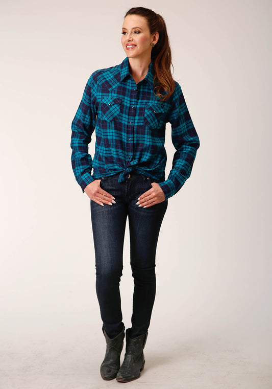 Roper Womens Long Sleeve Snap Turquoise Navy Plaid Unlined Flannel Shirt Western Shirt - Roper