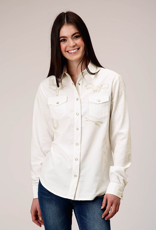 Roper Womens Long Sleeve Snap Cream Corduroy Western Blouse With Embroidery Decoration