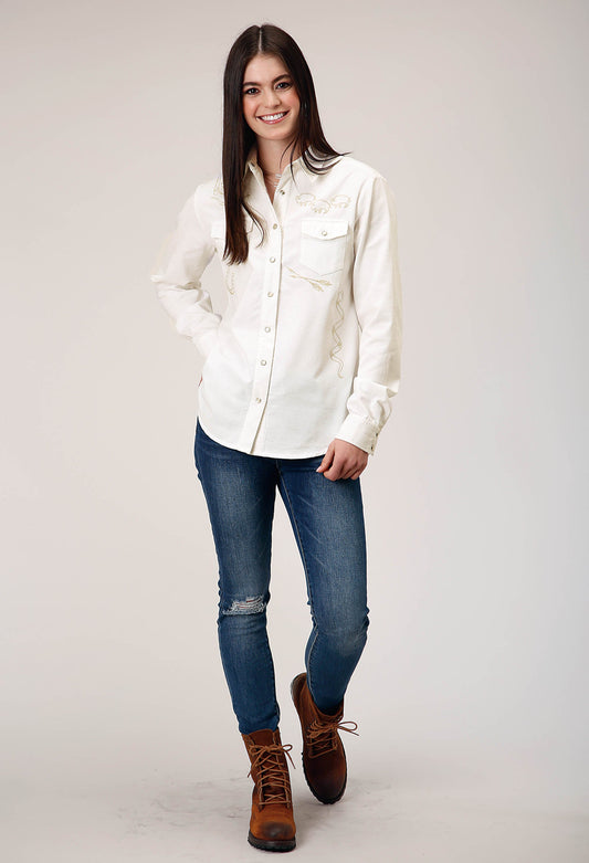 Roper Womens Long Sleeve Snap Cream Corduroy Western Blouse With Embroidery Decoration - Roper