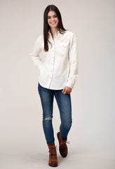 Roper Womens Long Sleeve Snap Cream Corduroy Western Blouse With Embroidery Decoration