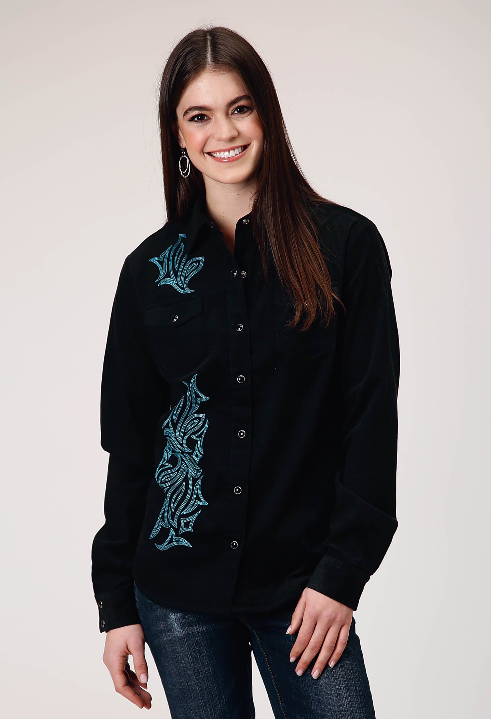 Roper Womens Long Sleeve Snap Jet Black Corduroy Western Blouse With Embroidery Decoration