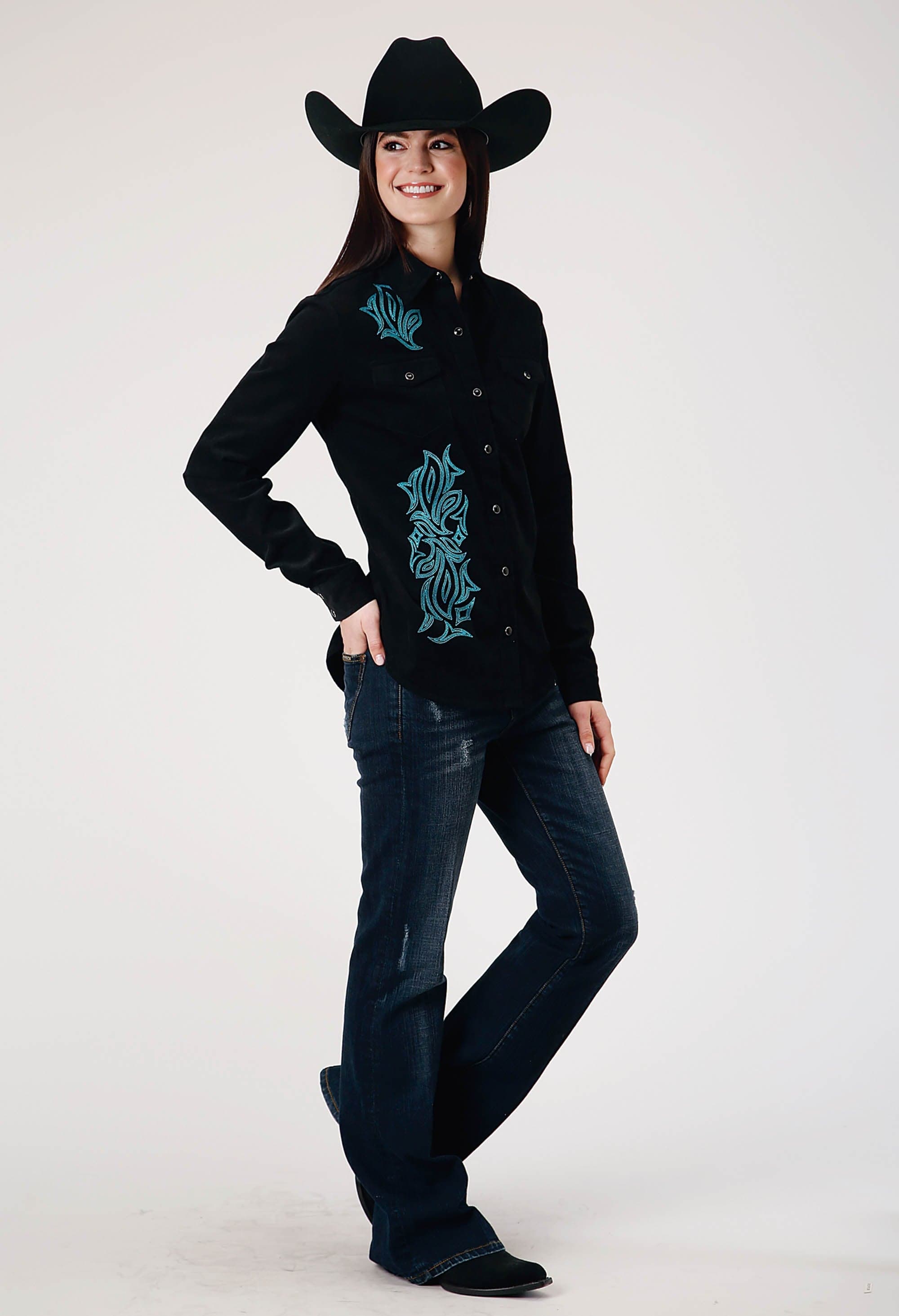 Roper Womens Long Sleeve Snap Jet Black Corduroy Western Blouse With Embroidery Decoration - Roper