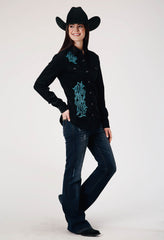 Roper Womens Long Sleeve Snap Jet Black Corduroy Western Blouse With Embroidery Decoration