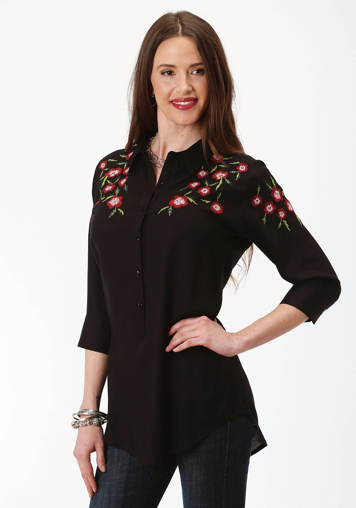 Roper Womens Solid Black With Floral Embroidery Long Sleeve Western Shirt - Roper