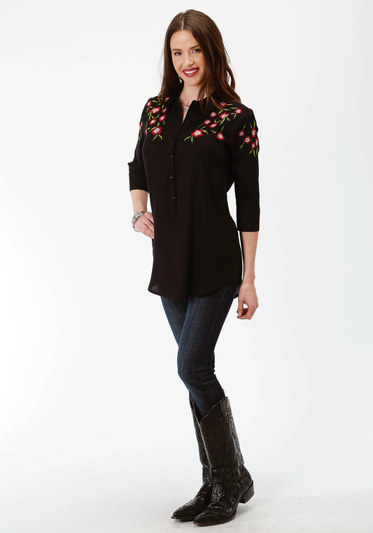 Roper Womens Solid Black With Floral Embroidery Long Sleeve Western Shirt