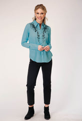 Roper Womens Long Sleeve Button Rayon Challis Blousen Western Shirt With Embroidery On Front And Sleeves