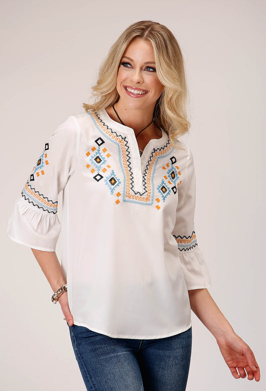 Roper Womens Long Sleeve Pullover Poly Crepe V Neck Peasant Western Blouse With Three Quarter Bell Sleeves Embroidery