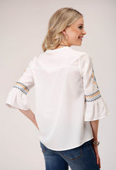 Roper Womens Long Sleeve Pullover Poly Crepe V Neck Peasant Western Blouse With Three Quarter Bell Sleeves Embroidery