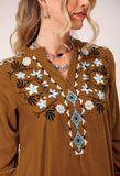 Roper Womens Long Sleeve Pullover Poly Velvet V Neck Tunic Western Shirt With Embroidery