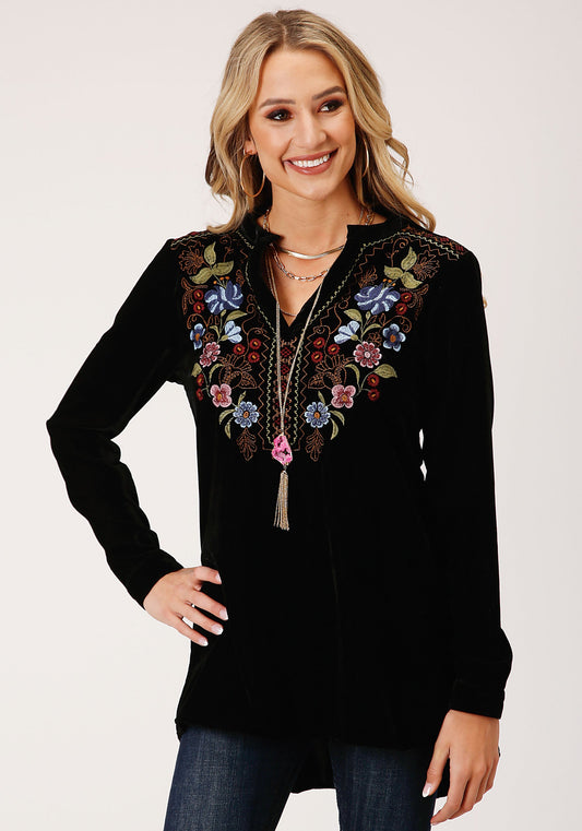 Roper Womens Long Sleeve Black Velvet Tunic Top Blouse