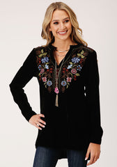 Roper Womens Long Sleeve Black Velvet Tunic Top Blouse