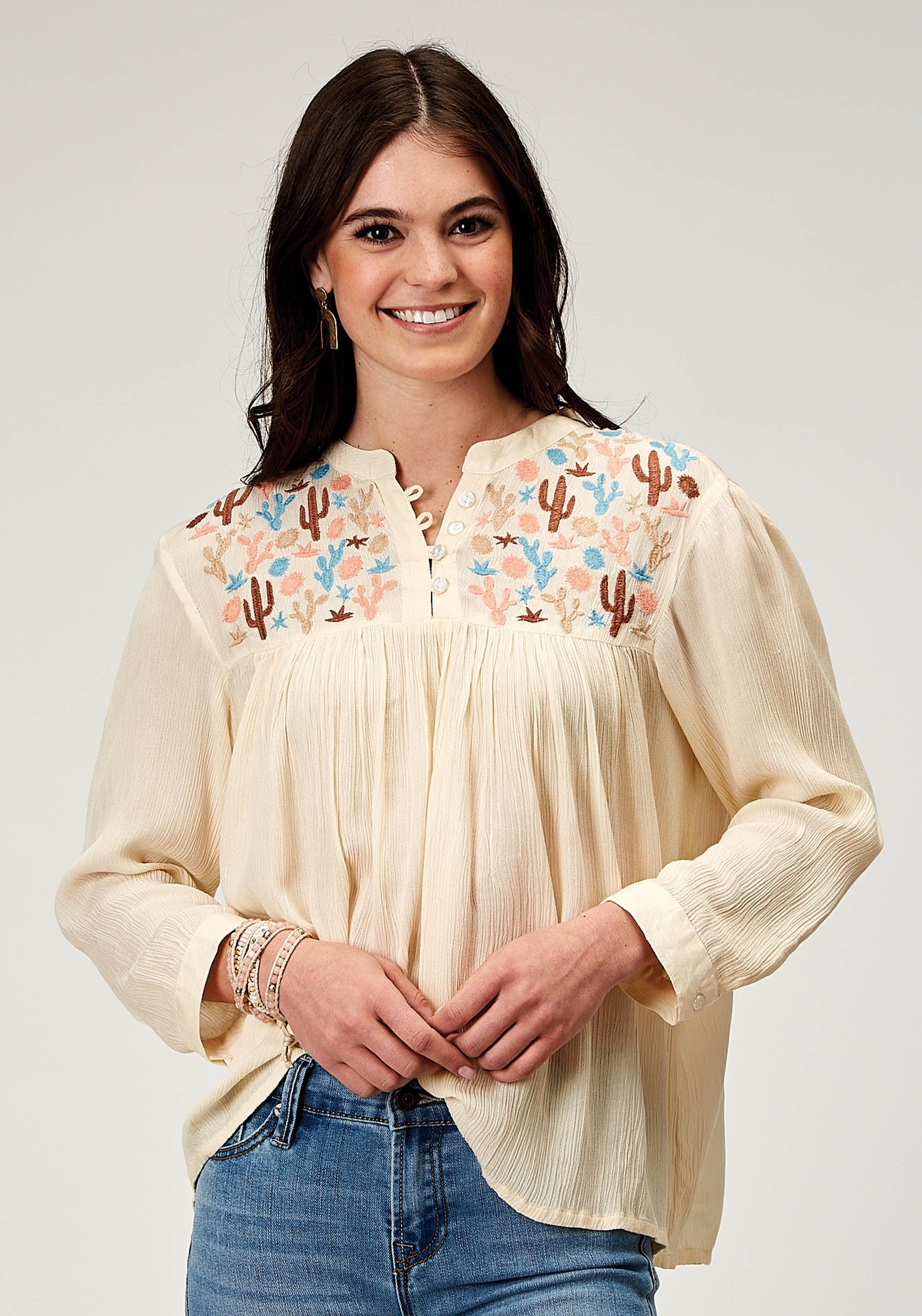 Roper Womens Long Sleeve Pullover Rayon Crepe Western Blouse With Embroidery On Yokes - Roper