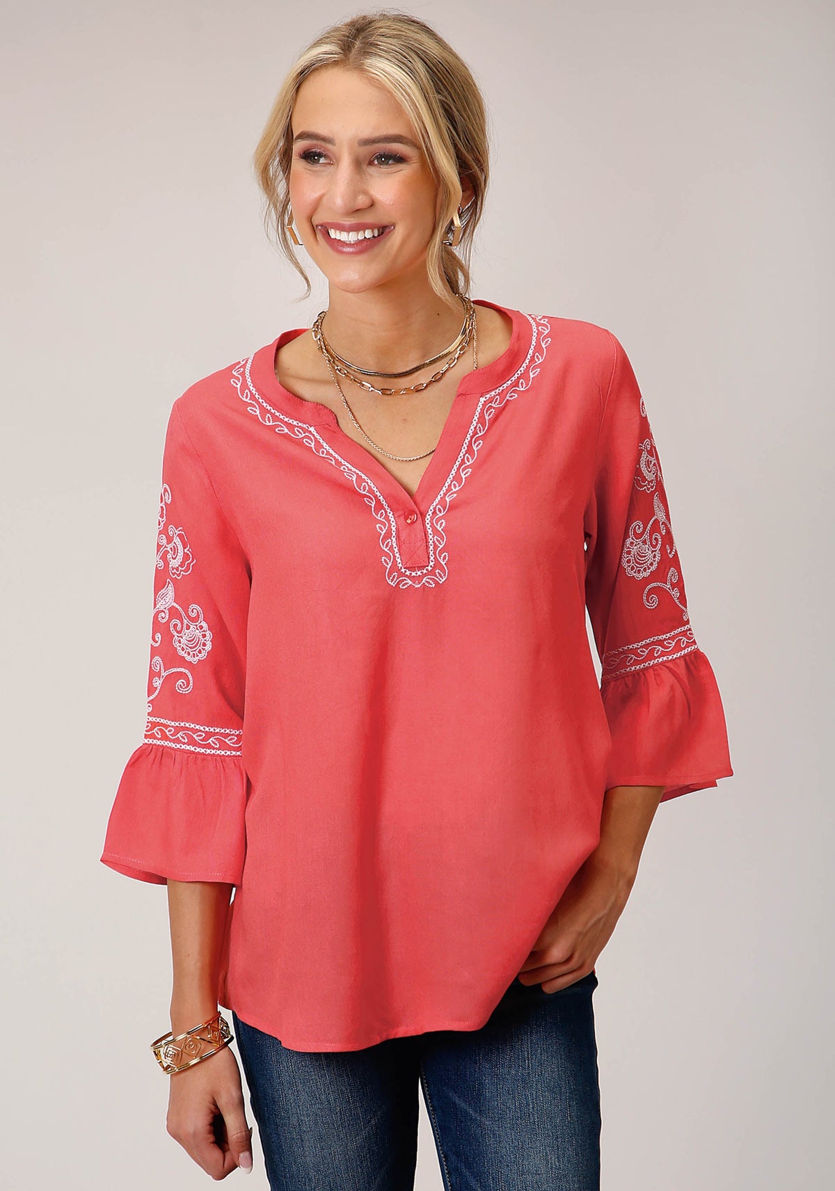 Roper Womens Long Sleeve Rayon Challis Peasant Top Blouse