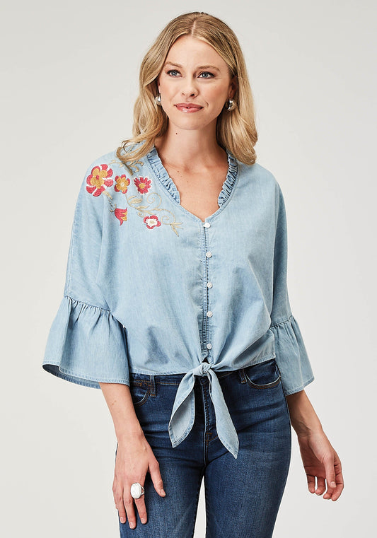 Roper Womens Long Sleeve Button Light Blue Cotton Denim Blousen Western Shirt With V Neck Ruffle Collar Raglan Sleeves Embroidery