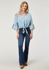 Roper Womens Long Sleeve Button Light Blue Cotton Denim Blousen Western Shirt With V Neck Ruffle Collar Raglan Sleeves Embroidery