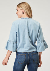 Roper Womens Long Sleeve Button Light Blue Cotton Denim Blousen Western Shirt With V Neck Ruffle Collar Raglan Sleeves Embroidery