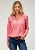 Roper Womens Long Sleeve Pullover Pink Poly Crepe V Neck Western Shirt With Embroidery Bodice And Rollable Ls