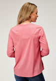 Roper Womens Long Sleeve Pullover Pink Poly Crepe V Neck Western Shirt With Embroidery Bodice And Rollable Ls