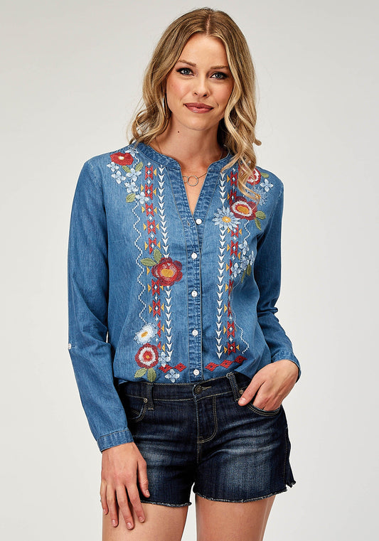 Roper Womens Long Sleeve Button Light Weight Med Blue Denim Blouse Western Shirt With V Neck Tie Front Embroidery Front