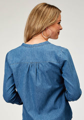 Roper Womens Long Sleeve Button Light Weight Med Blue Denim Blouse Western Shirt With V Neck Tie Front Embroidery Front