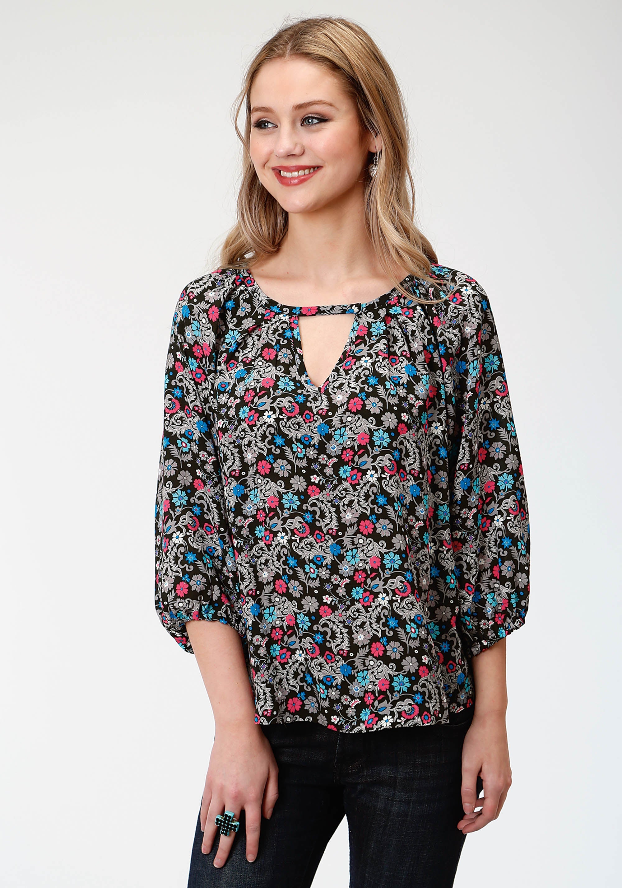 Roper Womens Black Flower Print Long Sleeve Western Shirt - Roper