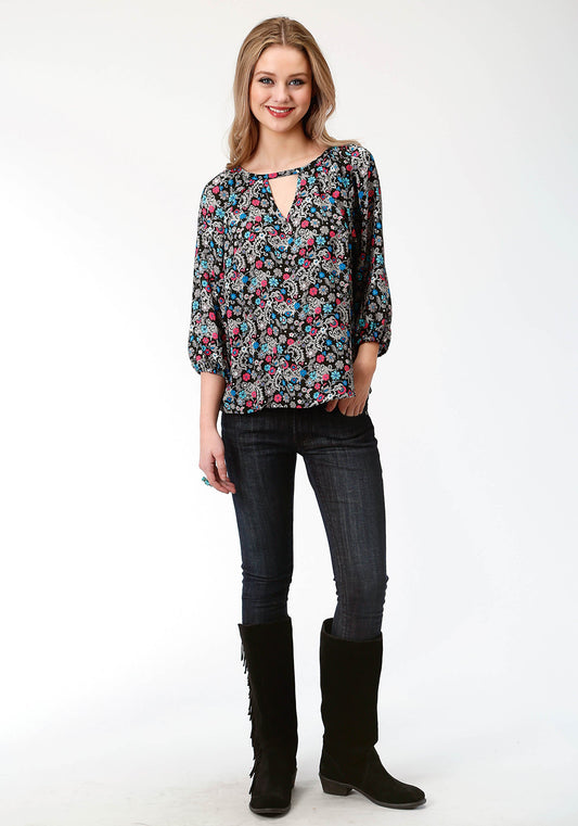 Roper Womens Black Flower Print Long Sleeve Western Shirt - Roper