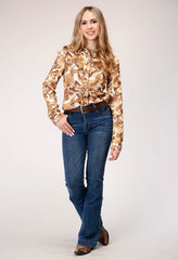 Roper Womens Long Sleeve Snap Collage Print Western Blouse With Curved Front And Back Yokes