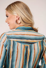 Roper Womens Long Sleeve Button Watercolor Stripe Print Western Shirt With Tab And Button On Sleeves For Rollded Cuffs