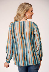 Roper Womens Long Sleeve Pullover Watercolor Stripe Print Tunic Western Shirt