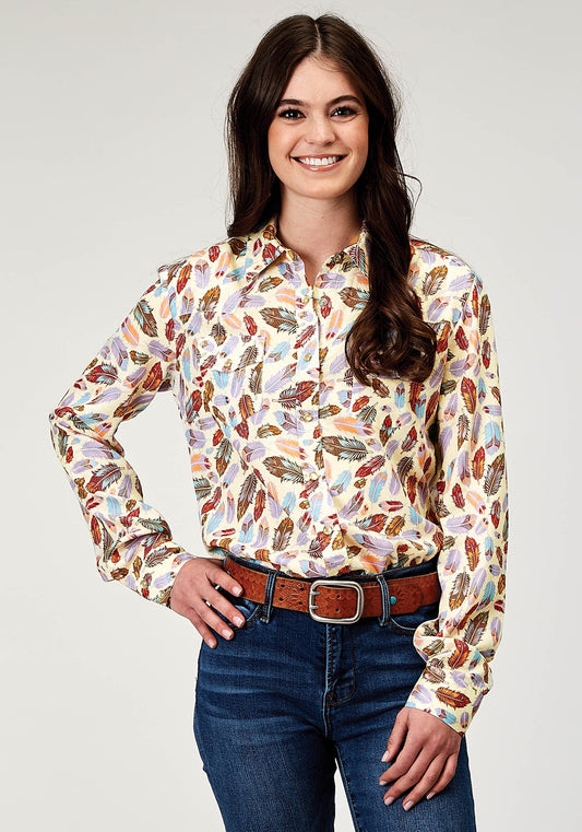 Roper Womens Long Sleeve Snap Feather Toss Printed Rayon Western Blouse - Roper