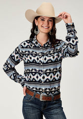 Roper Womens Long Sleeve Snap Navy Aztec Printed Rayon Western Blouse - Roper