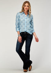 Roper Womens Long Sleeve Button Ikat Cheveron Print Poly Western Shirt With Tab And Button Sleeves For Rolled Cuffs